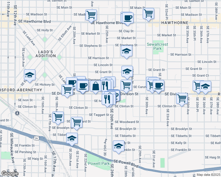 map of restaurants, bars, coffee shops, grocery stores, and more near 2401 Southeast 26th Avenue in Portland