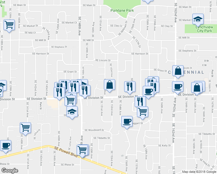map of restaurants, bars, coffee shops, grocery stores, and more near 2338 Southeast 152nd Avenue in Portland