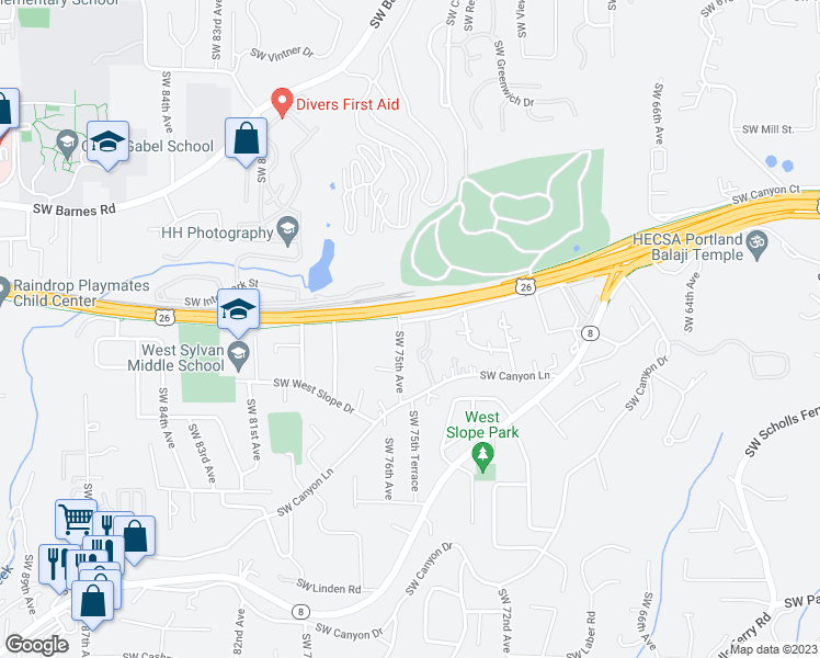 map of restaurants, bars, coffee shops, grocery stores, and more near 2000 Southwest 75th Avenue in Portland
