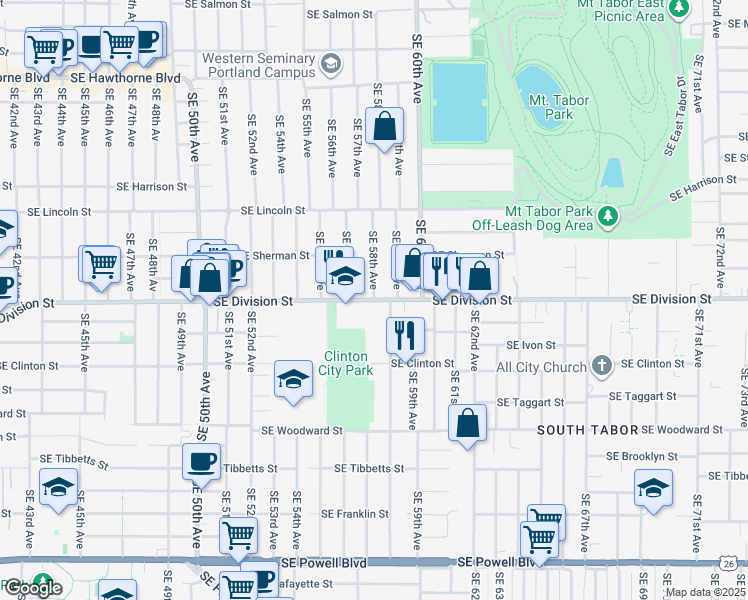map of restaurants, bars, coffee shops, grocery stores, and more near SE Division St & SE 58th Ave in Portland