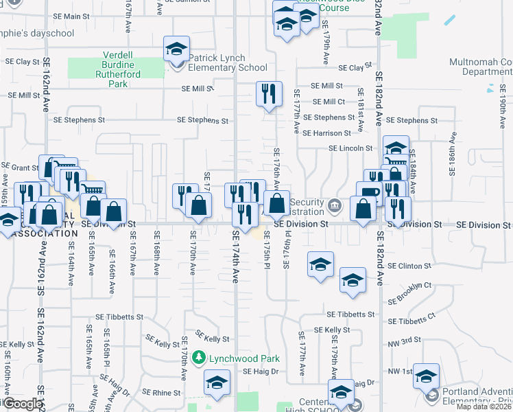 map of restaurants, bars, coffee shops, grocery stores, and more near 17441 Southeast Division Street in Portland