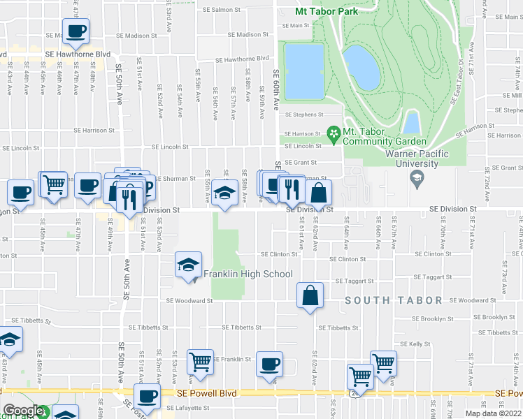map of restaurants, bars, coffee shops, grocery stores, and more near SE Division St & SE 59th Ave in Portland