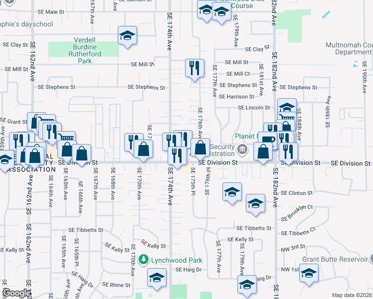 map of restaurants, bars, coffee shops, grocery stores, and more near 17441 Southeast 174th Avenue in Portland