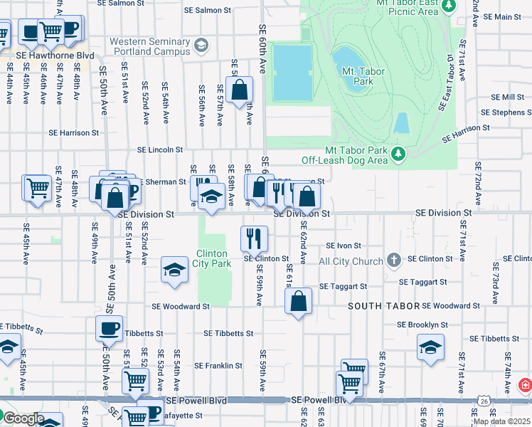 map of restaurants, bars, coffee shops, grocery stores, and more near SE Division St & SE 60th Ave in Portland