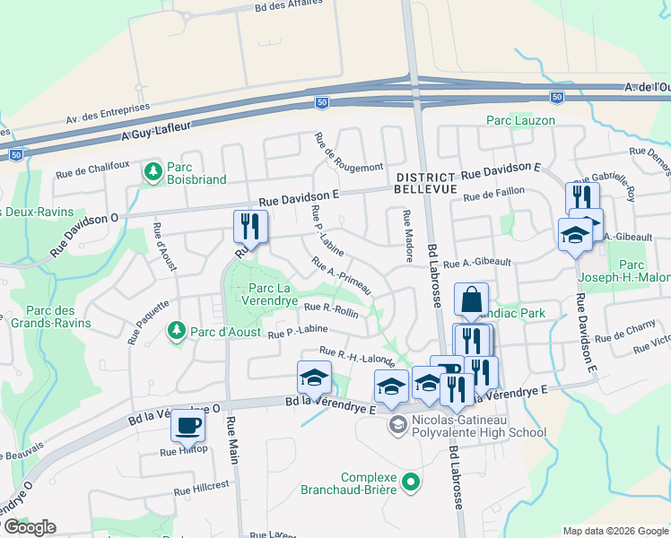 map of restaurants, bars, coffee shops, grocery stores, and more near 275 Rue A.-Primeau in Gatineau