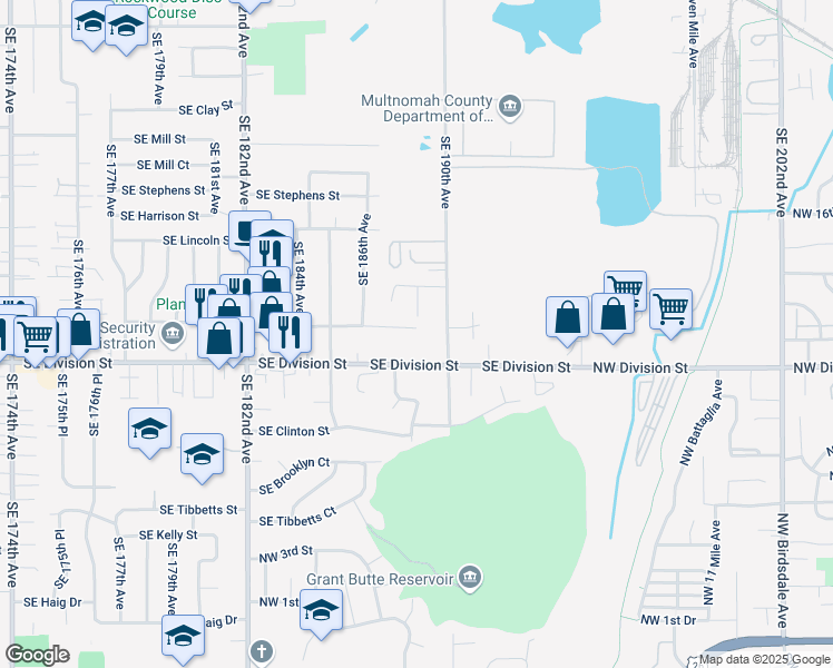 map of restaurants, bars, coffee shops, grocery stores, and more near 18850 Southeast Caruthers Street in Portland