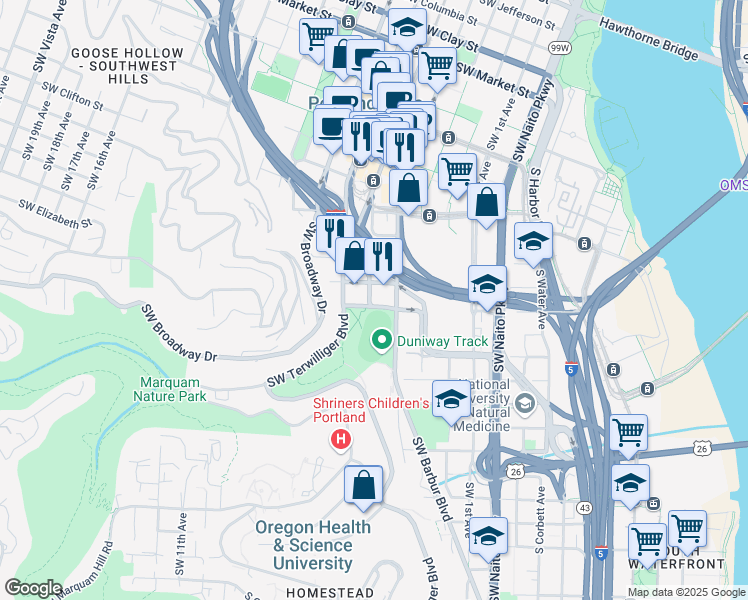 map of restaurants, bars, coffee shops, grocery stores, and more near 2436 Southwest 5th Avenue in Portland