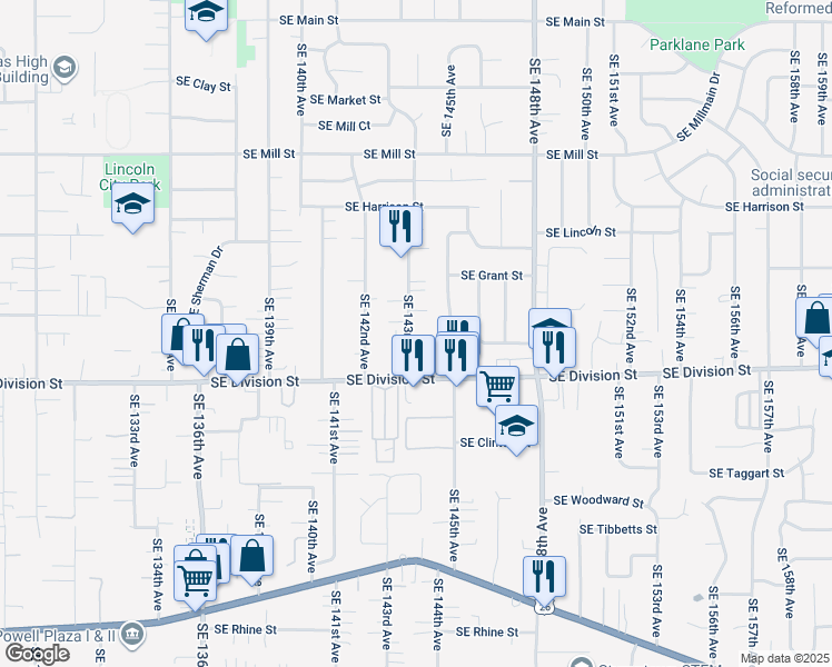 map of restaurants, bars, coffee shops, grocery stores, and more near 2340 Southeast 143rd Avenue in Portland