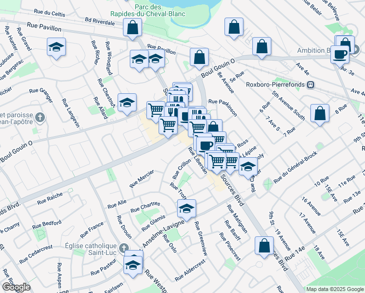 map of restaurants, bars, coffee shops, grocery stores, and more near 24 Rue Joseph Paiement in Dollard-des-Ormeaux