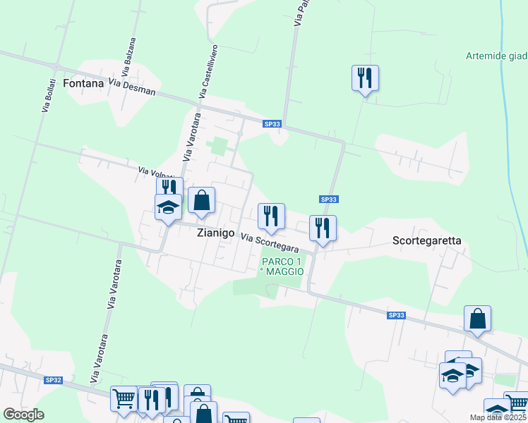 map of restaurants, bars, coffee shops, grocery stores, and more near 23 Via Martiri di Marzabotto in Zianigo