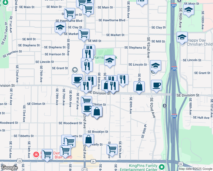 map of restaurants, bars, coffee shops, grocery stores, and more near 2432 Southeast 85th Avenue in Portland