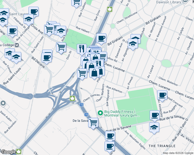 map of restaurants, bars, coffee shops, grocery stores, and more near 815 Avenue Plymouth in Mont-Royal