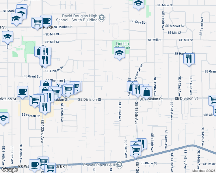 map of restaurants, bars, coffee shops, grocery stores, and more near 13145 Southeast Division Street in Portland