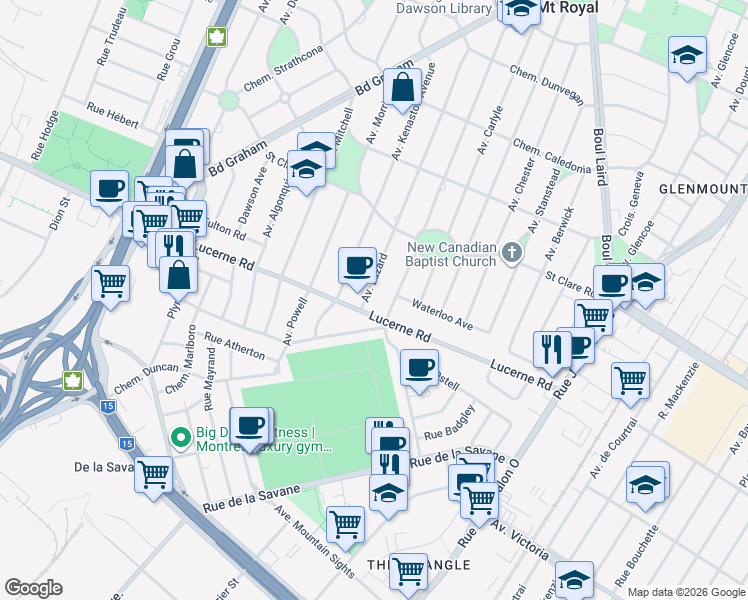 map of restaurants, bars, coffee shops, grocery stores, and more near 626 Avenue Lazard in Mont-Royal