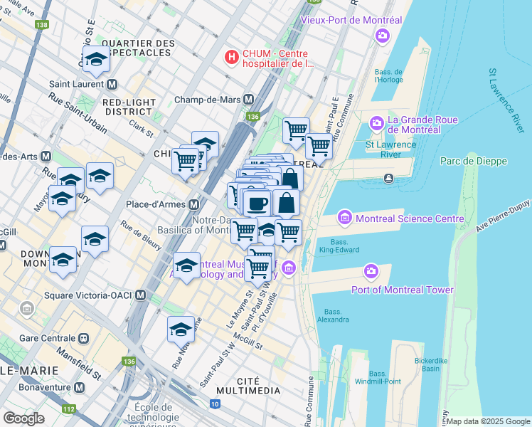 map of restaurants, bars, coffee shops, grocery stores, and more near 71 Rue de Brésoles in Montréal