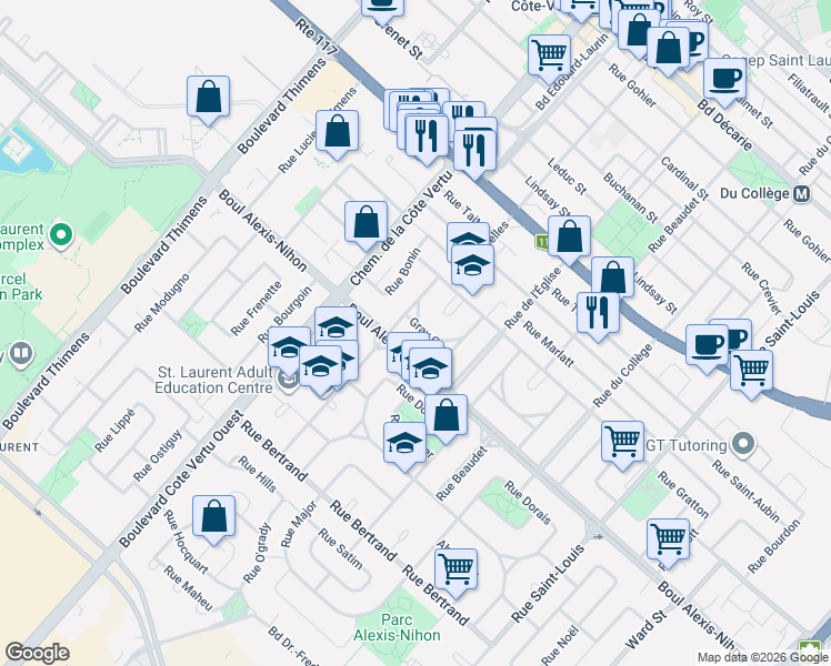 map of restaurants, bars, coffee shops, grocery stores, and more near 884 Rue du Gray in Montréal