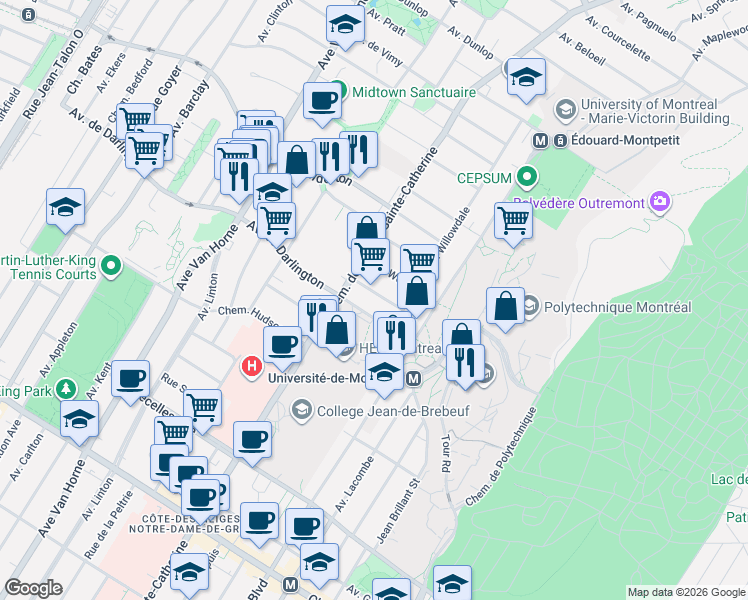 map of restaurants, bars, coffee shops, grocery stores, and more near 5602 Avenue Canterbury in Montréal