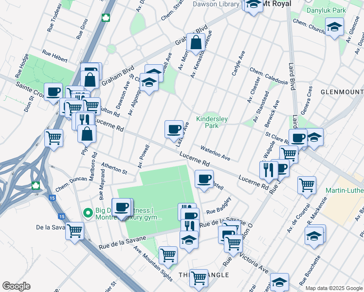 map of restaurants, bars, coffee shops, grocery stores, and more near 626 Avenue Lazard in Mont-Royal