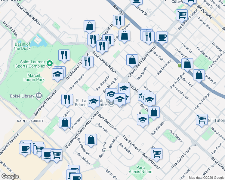 map of restaurants, bars, coffee shops, grocery stores, and more near 2323 Boulevard de la Côte Vertu in Montréal