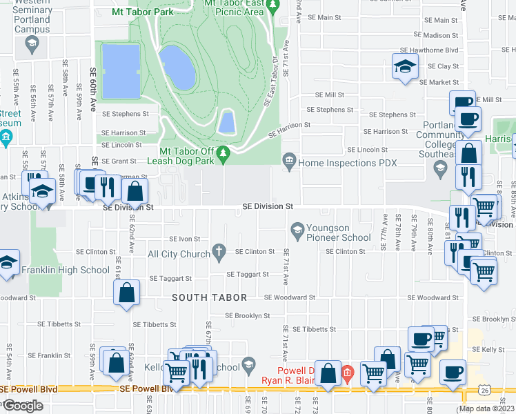 map of restaurants, bars, coffee shops, grocery stores, and more near SE Division St & SE 70th Ave in Portland