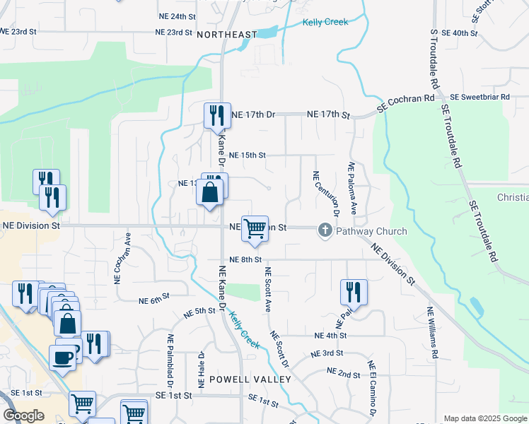 map of restaurants, bars, coffee shops, grocery stores, and more near 3457 Northeast Division Street in Gresham