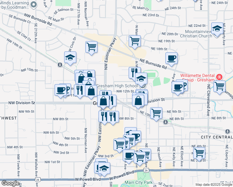 map of restaurants, bars, coffee shops, grocery stores, and more near 340 Northwest 12th Street in Gresham