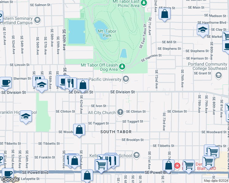 map of restaurants, bars, coffee shops, grocery stores, and more near 6600 Southeast Division Street in Portland
