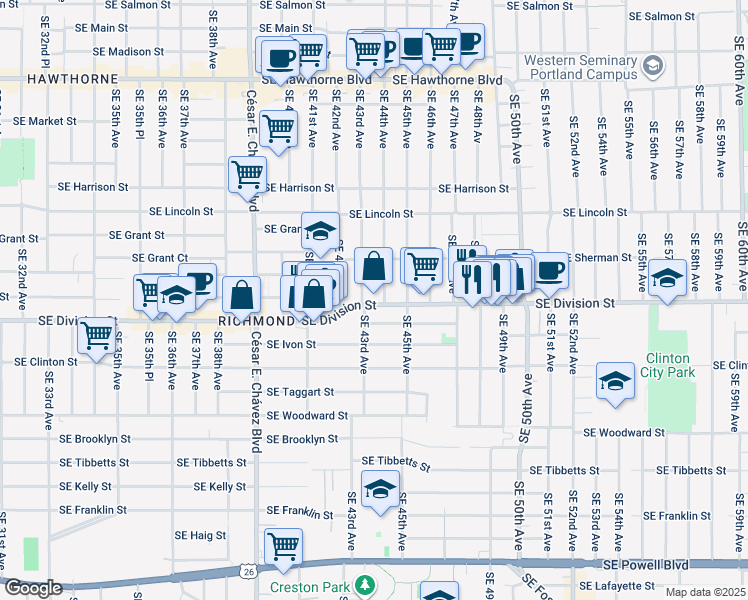 map of restaurants, bars, coffee shops, grocery stores, and more near 4315 Southeast Division Street in Portland