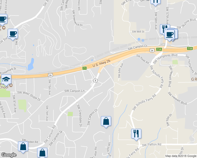 map of restaurants, bars, coffee shops, grocery stores, and more near in Beaverton