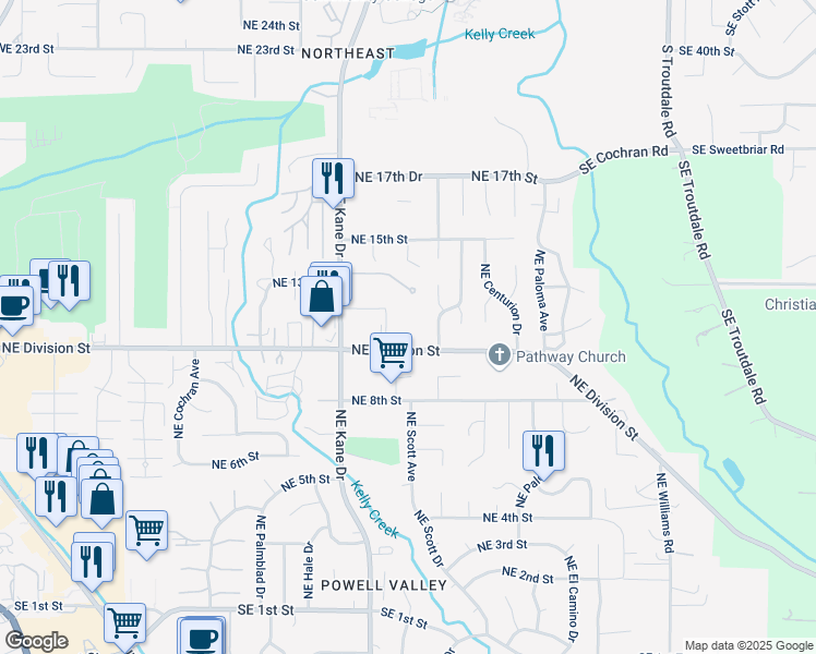 map of restaurants, bars, coffee shops, grocery stores, and more near 3457 Northeast Division Street in Gresham