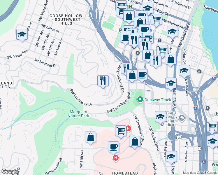 map of restaurants, bars, coffee shops, grocery stores, and more near 2642 Southwest Chelmsford Avenue in Portland
