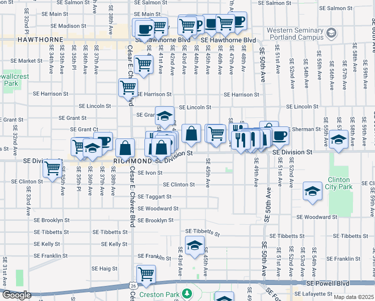 map of restaurants, bars, coffee shops, grocery stores, and more near 4315 Southeast Division Street in Portland
