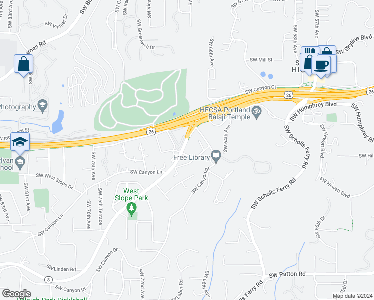 map of restaurants, bars, coffee shops, grocery stores, and more near 6802 Southwest Canyon Road in Portland
