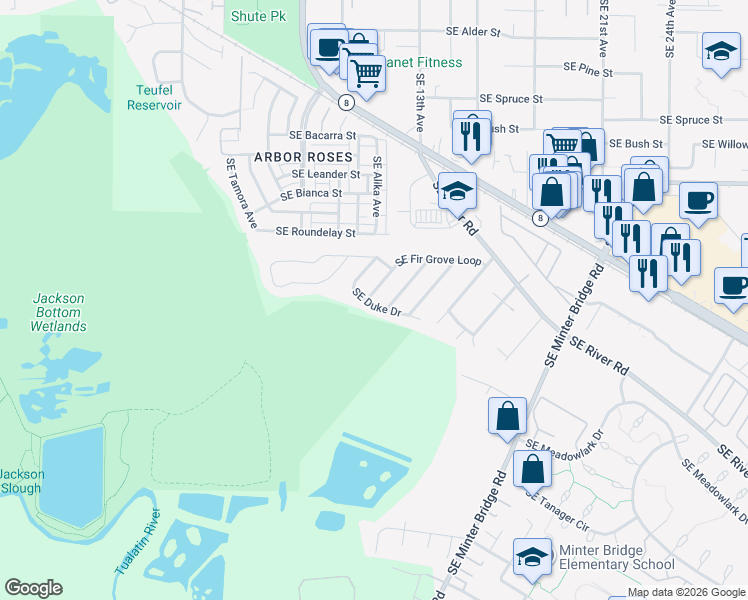 map of restaurants, bars, coffee shops, grocery stores, and more near 1377 Southeast Duke Drive in Hillsboro