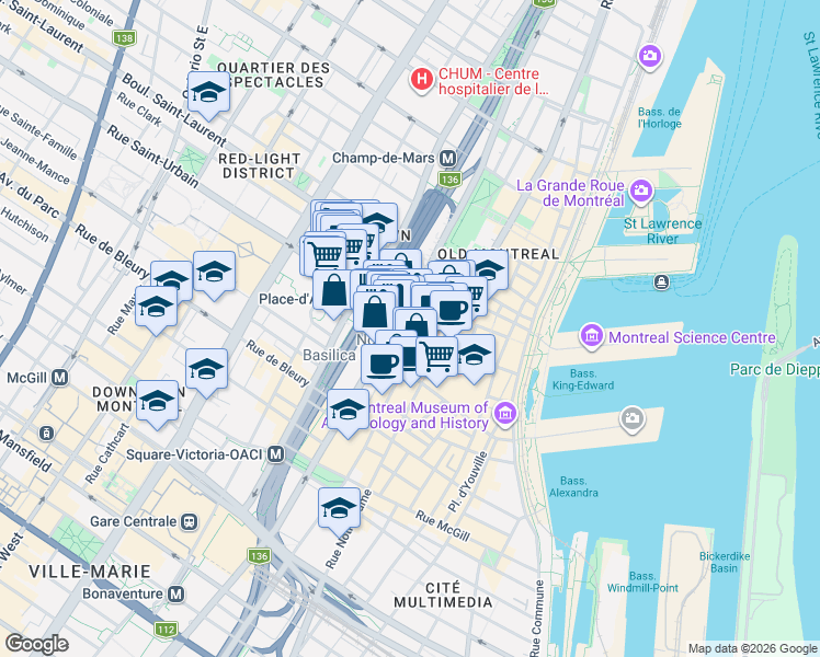 map of restaurants, bars, coffee shops, grocery stores, and more near Côte de la Place d'Armes in Montréal