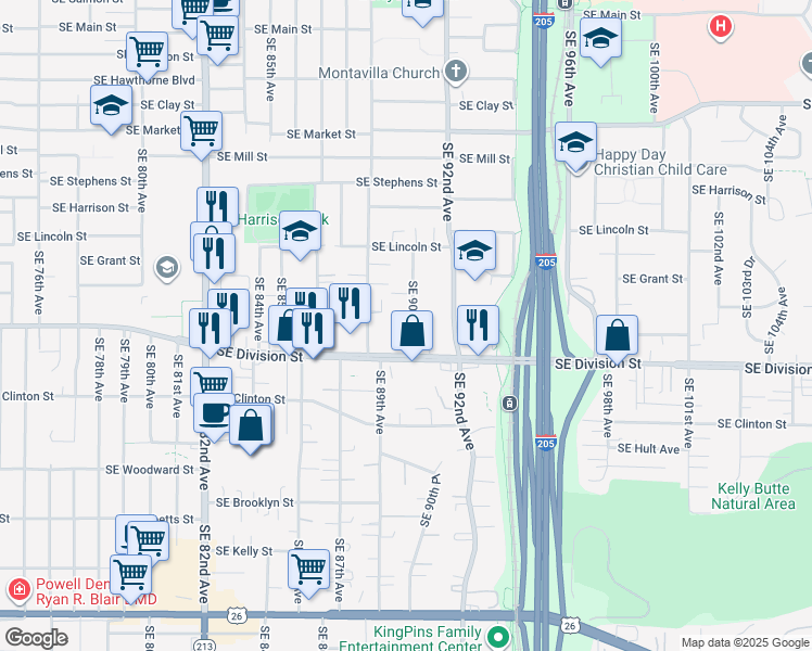map of restaurants, bars, coffee shops, grocery stores, and more near 2413 Southeast 90th Avenue in Portland