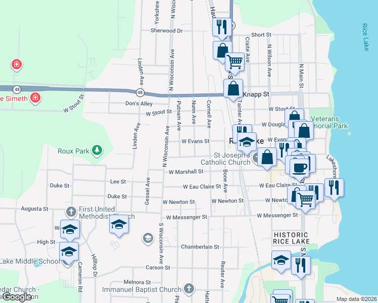 map of restaurants, bars, coffee shops, grocery stores, and more near 507 West Humbird Street in Rice Lake
