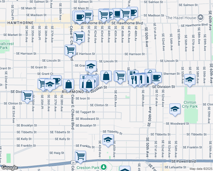 map of restaurants, bars, coffee shops, grocery stores, and more near 4315 Southeast Division Street in Portland