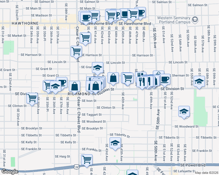 map of restaurants, bars, coffee shops, grocery stores, and more near 4315 Southeast Division Street in Portland