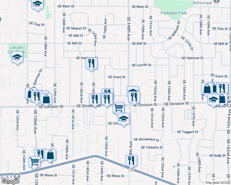 map of restaurants, bars, coffee shops, grocery stores, and more near 2340 Southeast 146th Avenue in Portland