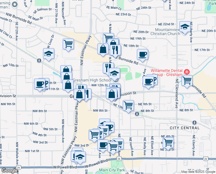 map of restaurants, bars, coffee shops, grocery stores, and more near 1133 North Main Avenue in Gresham