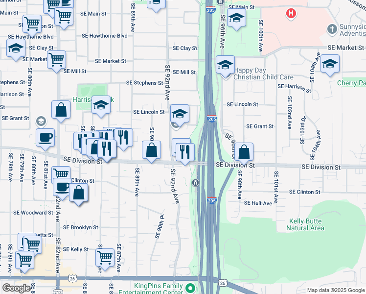 map of restaurants, bars, coffee shops, grocery stores, and more near 9280 Southeast Caruthers Street in Portland
