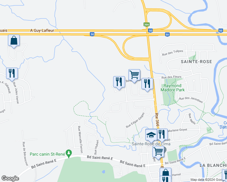 map of restaurants, bars, coffee shops, grocery stores, and more near 22 Impasse Berthe-Morisot in Gatineau