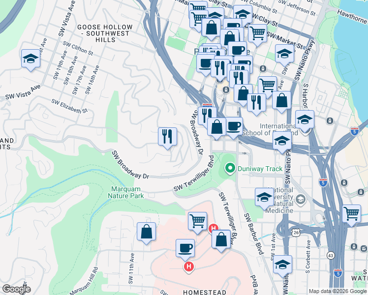 map of restaurants, bars, coffee shops, grocery stores, and more near 2638 Southwest Buckingham Avenue in Portland