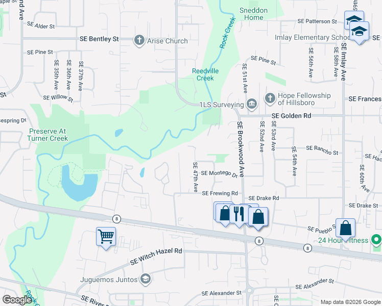 map of restaurants, bars, coffee shops, grocery stores, and more near 1905 Southeast 47th Avenue in Hillsboro