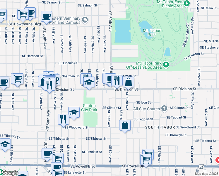 map of restaurants, bars, coffee shops, grocery stores, and more near 5931 Southeast Division Street in Portland