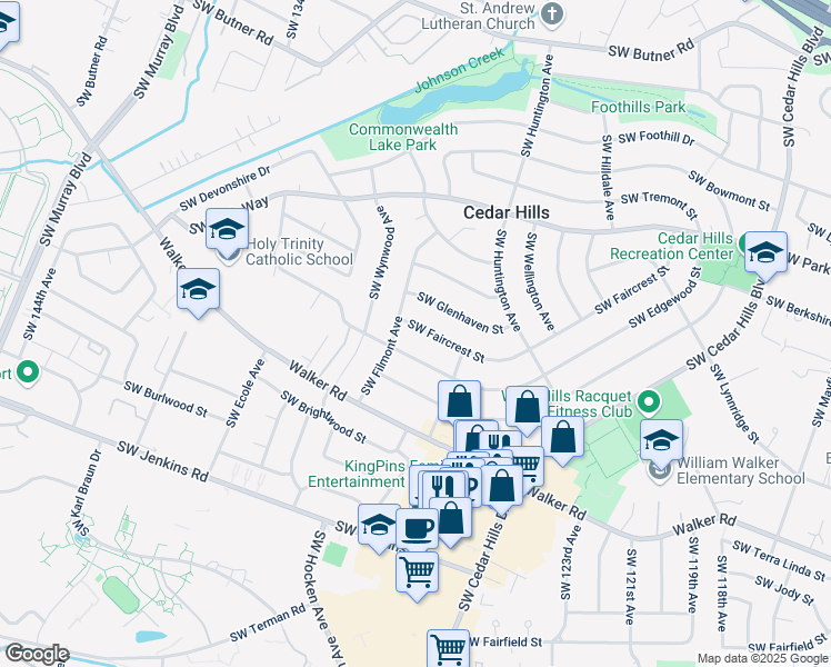 map of restaurants, bars, coffee shops, grocery stores, and more near 12920 Southwest Faircrest Street in Portland