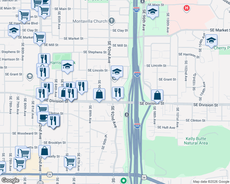 map of restaurants, bars, coffee shops, grocery stores, and more near 9240 Southeast Caruthers Street in Portland
