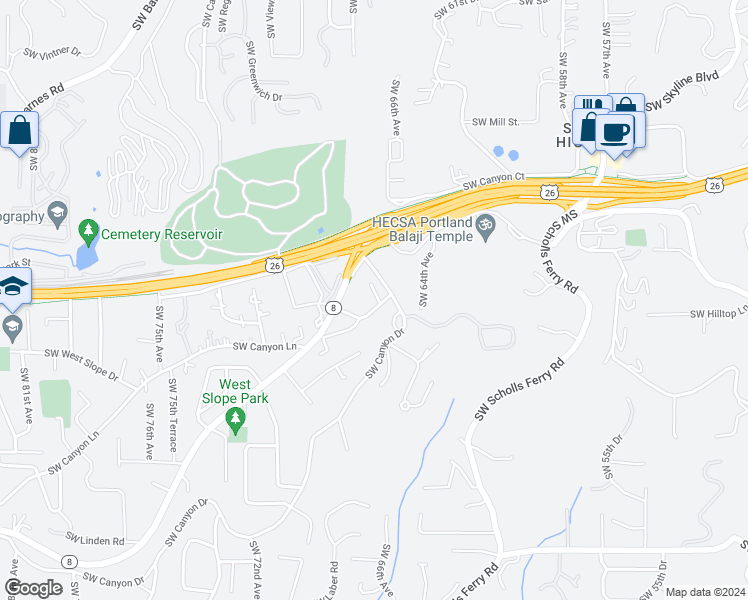 map of restaurants, bars, coffee shops, grocery stores, and more near 6605 Southwest Canyon Lane in Portland