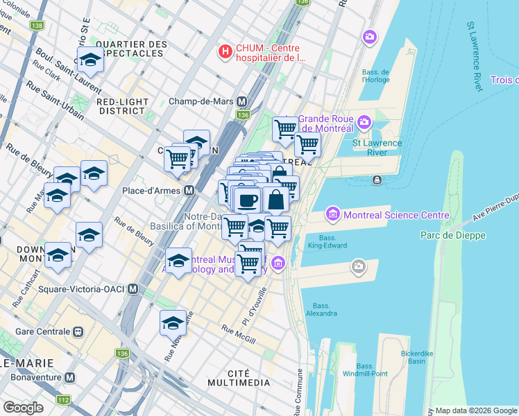 map of restaurants, bars, coffee shops, grocery stores, and more near Rue de Brésoles in Montréal